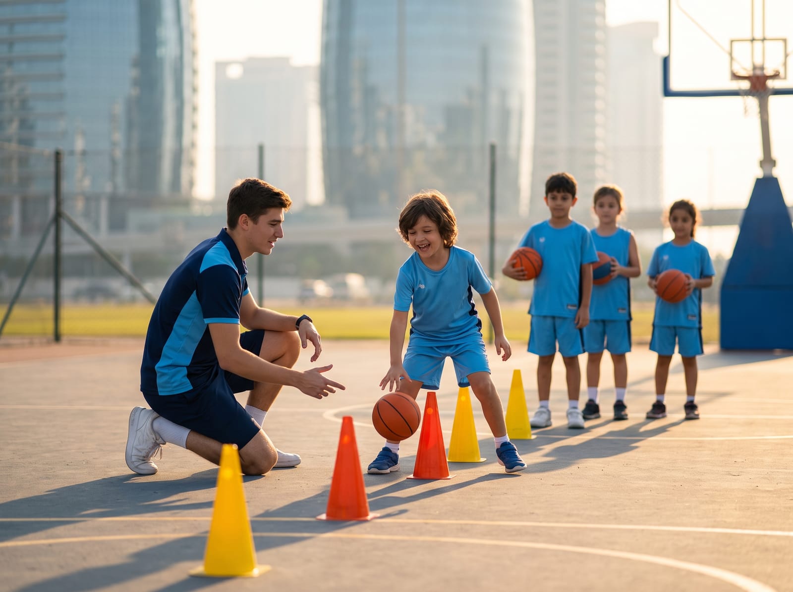 A coach guiding a child through a basketball dribbling drill between cones on an outdoor Dubai court