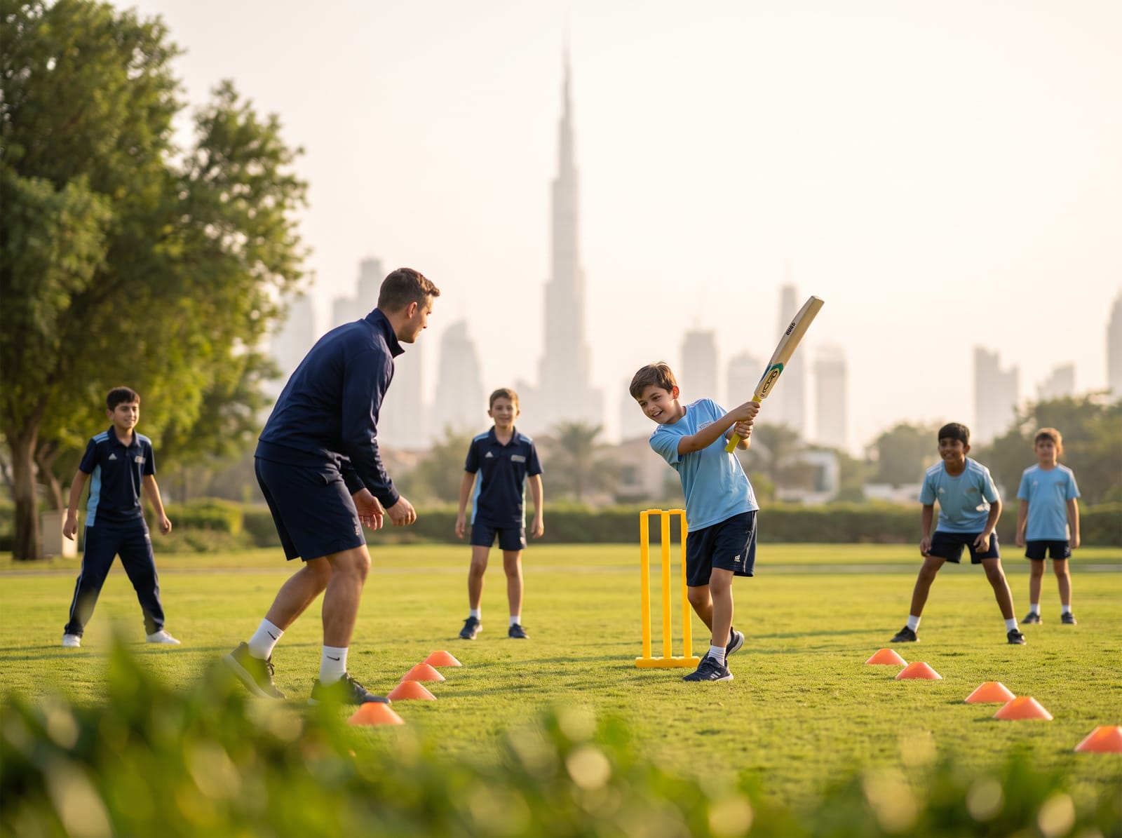 A boy batting at a junior cricket wicket in a Dubai park while a coach bowls and children field
