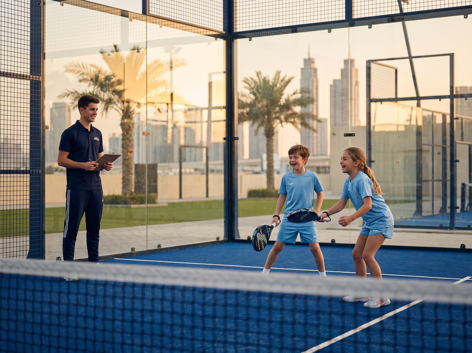 Two children rallying on an enclosed glass padel court while a coach watches from the side