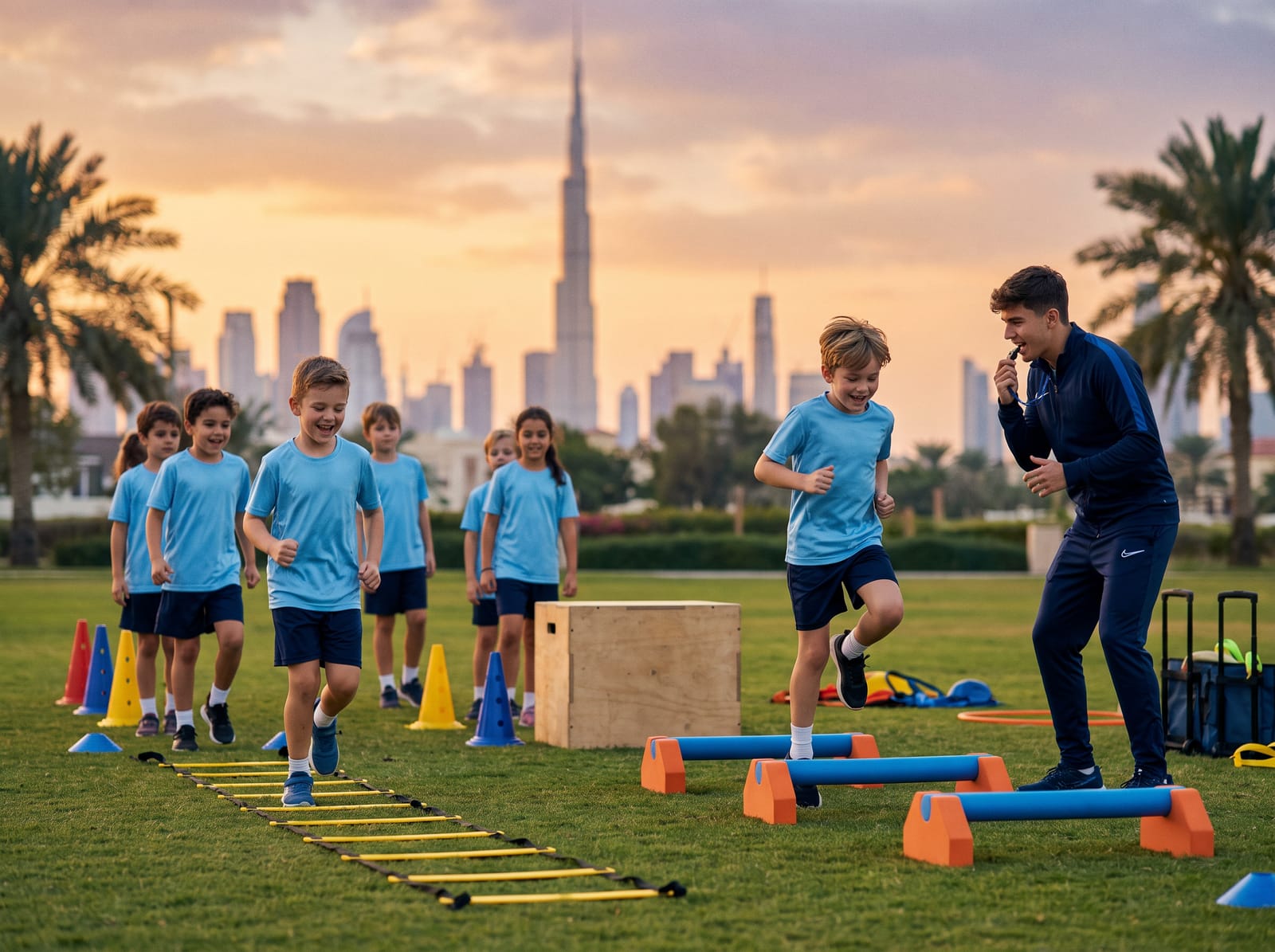 Children running an agility-ladder and hurdle circuit with their coach in a Dubai park at sunset