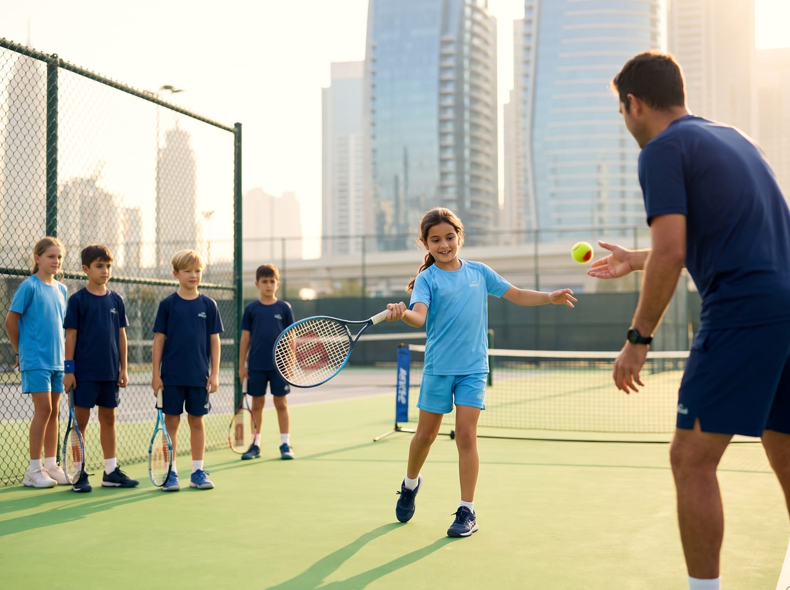 A girl hitting a forehand with a junior racket while her coach tosses balls on a Dubai tennis court